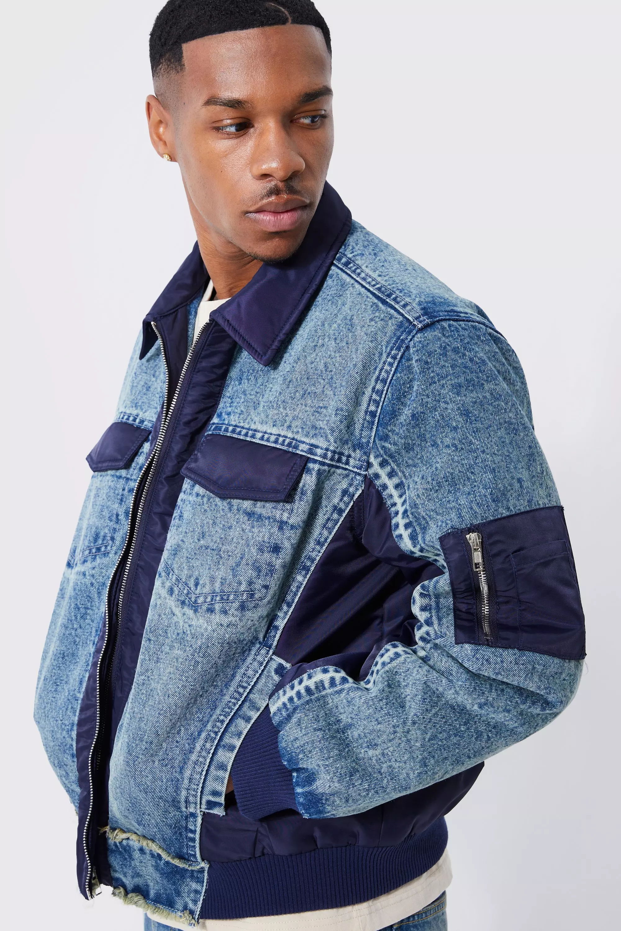 Boxy Denim Nylon Hybrid Jacket